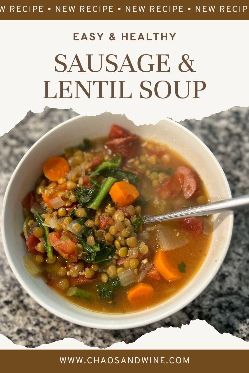 Sausage and lentil soup (hot dog soup) in a bowl with a spoon.